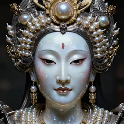 hyperrealism, detailed textures, award winning autochrome photo, symetrical japanese pearl, beautiful animal pearl queen, perl head, pearl skin, autochrome pearl portrait, pearl silverplate, intricate, detailed facial pearl scary animal mask, pearl, golden jewelery, silverplate, ultra realistic, cinematic, intricate, cinematic light by steve mccurry, unreal engine 8 k