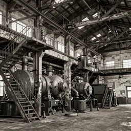 an old warehouse, large machines inside, stairs, rafters, walkways, balconies