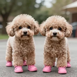 two cute old toy poodles wearing pink shoes