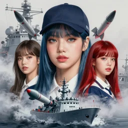 portrait of blackpink lisa bluepunk redpunk navy girl, navy cap, warship board, missile, fog, highly detailed, digital painting, face detail, sharp focus, art, illustrations by loish and ayanamikodon and irakli nadar and rossdraws and wlop