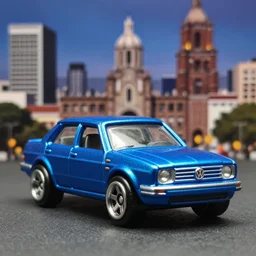 3 5 mm photo of centered metallic blue volkswagen jetta like hot wheels model with mexico city as background, epic cinematic, epic lighting