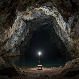 a huge cave, black cave lake, chair under a lightbulb, surreal, highly detailed, artstation, smooth, sharp focus, by greg rutkowski, 8 k