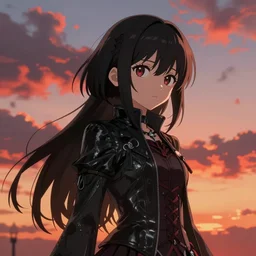 black - haired anime girl, 1 7 - year - old anime girl with long bob cut, gothic jacket, golden hour, partly cloudy sky, red clouds, orange sky, strong lighting, strong shadows, vivid hues, ultra - realistic, sharp details, subsurface scattering, intricate details, art by artgerm, anime, anime hd wallpaper, 2 0 1 9 anime screenshot