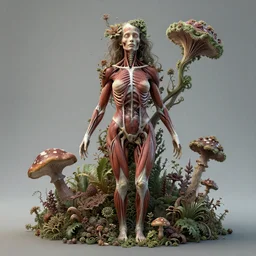 a beautiful detailed photo of a full body rotten woman corpse morphing into fractal plants and fractal flowers and mushrooms, muscles, veins, anatomical, intricate, ornate, volumetric light, beautiful lit, midsommar
