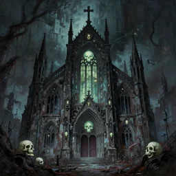 a painting of an abandoned gothic!!! church!! glowing skulls!!!, art deco, a matte painting by kilian eng, horror art, trending on cgsociety, gothic art, anime aesthetic, apocalypse art, official art