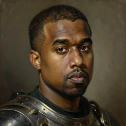 portrait of kanye west, painting by jan matejko, soft lighting, classical art, oil on canvas, wet - on - wet technique, close up on face. detailed armour, beautiful, elegant, sharp focus, highly realistic, intricate textures, illusionistic detail,