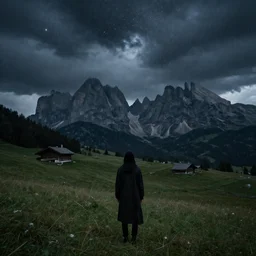 cloudkrampus, dolomites, pastures, alps, alp, star rain, dark, eerie, despair, portrait photography, artstation, highly detailed, sharp focus, by cronneberg