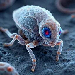 insectoid alien live form, electron microscope image, ultra realistic, intricate details, eerie, blue and red glowing eyes, highly detailed, translucent veins, octane render, 8 k