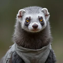a beautiful closeup shot from a fantasy film of a humanoid grey ferret with golden eyes wearing a loose tunic. an anthropomorphic ferret with grey fur and yellow eyes. joseph ducreux, greg rutkowski.