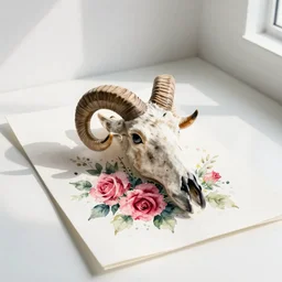watercolor painting of scull of a ram with horns with roses on white paper, bright, white table, white walls