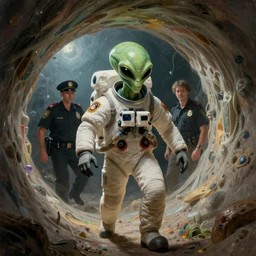 an evil alien astronaut dressed as a border patrol officer enters a quantum wormhole. trending on juxtapoz, trending on artforum, gary baseman, dan mumford, pedro correa, trending on mad magazine, surreal object photography, character concept design