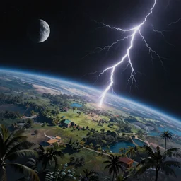 a beaitiful painting of a distant tropical planet with surreal landscape, curvature, stars and moons in the sky, dark, completely original lightning and light sources,, cinematic angle, movie concept, trending on artstation, octane render, 8 k, ultra high detail
