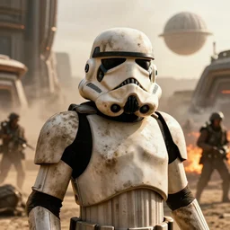 film still from the force awakens a telephoto head shot portrait of star wars dirty muddy storm trooper in the city of mos eisley, smoke, fire, volumetric lighting, deathstar, battle action pose, rim lighting, sunrise, thomas kinkade, ralph mcquarrie, greg rutkowski, octane, 8 k