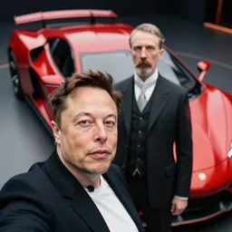 elon musk taking a selfie with nikola tesla in front of a futuristic red sports car, hyper - realistic, photorealistic, sharp focus, depth of field, insanely detailed, in colors, dramatic, in the style of kelly freas