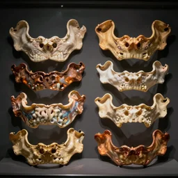 a collection of human jaws displayed in a museum