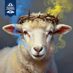 a painting of a lamb's face with blue and yellow smoke coming out of, wearing a crown of thorns, a digital painting by petros afshar, behance contest winner, digital art, behance hd, digital illustration, digital painting