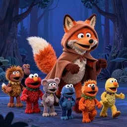 a large orange fox muppet wearing a hooded cloak and herding a bunch of random muppet animals following behind through a dark blue forest, sesame street, photograph, photography, ultrarealistic, national geographic