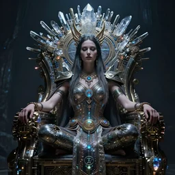 cyberpunk queen on throne, highly detailed, technical, meditation, scrying, blasphemy, paganism, heathenry, leds, crystalline shimmers, magick, technology, sigils, circuitry, royo, norman lindsey, rosaleen norton,
