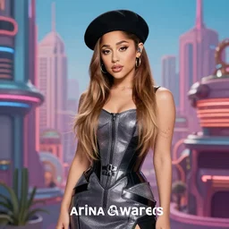 ariana grande with a beret in a retrofuturistic city, retro futuristic fashion, photography award winning,