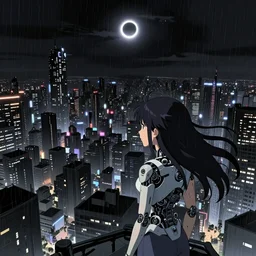 android mechanical cyborg anime girl overlooking overcrowded urban dystopia. long flowing realistic hair. gigantic future city. pitch black night. raining. makoto shinkai. wide angle. distant shot. dark and dreary. solar eclipse.
