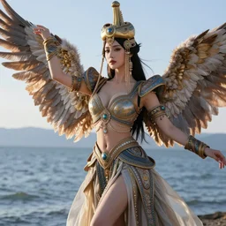 beautiful portrait of a sexy mongolian queen goddess spreading it's wings with a gorgeous dress, princess in a sensual pose, sexy face, atmospheric lighting, intricate, volumetric lighting, beautiful, sharp focus, ultra detailed, in the art style of bowater, charlie, brom, gerald, with lake baikal in the background, astrophotography