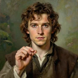 portrait of tom holland as frodo, hobbit holding the one ring of sauron, by alan lee, lord of the rings, smooth, detailed terrain, oil painting, matte painting, concept art, trending on artstation, promotional artwork, film still, elegant, photorealistic facial features, intricate, detailed face, cinematic lighting