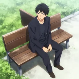 a man sitting on a bench, anime key visual, stunning angle