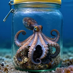 octopus hiding in a glass jar at the bottom of the ocean. award winning national geographic photo