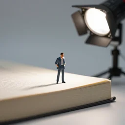 photo still of miniature man on a book, 8 k, studio lighting bright ambient lighting key light, 8 5 mm f 1. 8