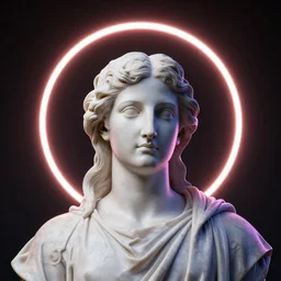 a neon circle around the head of a renaissance statue, 3 d render