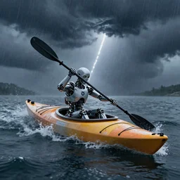 a sinking kayak with a cyborg on board during thunderstorm, hyperdetailed, artstation, cgsociety, 8 k