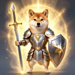 anthropomorphic shiba inu, holy paladin armor, holding dragon slayer sword and shield, fantasy, holy light, portrait art by donato giancola and greg rutkowski, realistic face, visible holy aura, digital art, trending on artstation, symmetry