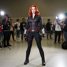 eva green cosplaying as black widow, dragoncon, flash photography, wide angle, full length, 3 5 mm, f / 2. 8