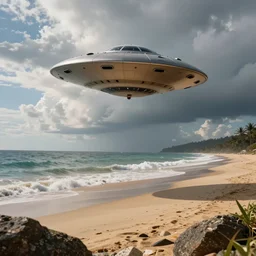 ufo flying near a beach, photorealistic, photo, realistic, high definition