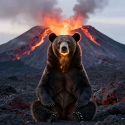 A bear with its head lit up meditating inside an active volcano