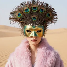 humanoid in peacock feathers mask, autumn, perfect face, sharp focus, directed gaze, haute couture, editorial photoshoot, pastel colors, vivid, fashion photography, cinematic lightning, sand dunes, portrait photography, 8 k hd in the style of zdzisław beksinski