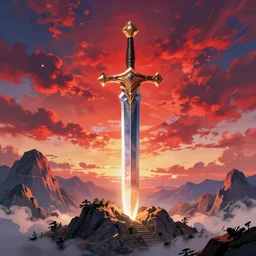 gigantic sword implanted onto a mountain, colourful sky, shining blade, brilliant red skies, by sylvain sarrailh, rossdraws, ambient light, ultra detailed, fantasy artwork, 8 k, volumetric lighting, trending on artstation, award winning, very beautiful.