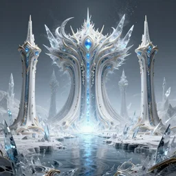 80s futuristic hyperdimensional elven architecture, desolate, ice shards, river:: by beeple and James Gilleard and Justin Gerard :: ornate, dynamic, particulate, intricate, elegant, highly detailed, centered, artstation, smooth, sharp focus, octane render, 3d