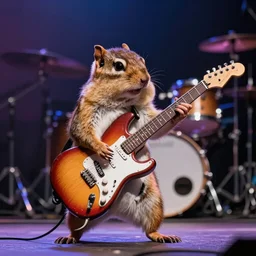 a high quality photo of a chipmunk playing electric guitar, on stage in a rock concert, render, ultra realistic, cgsociety