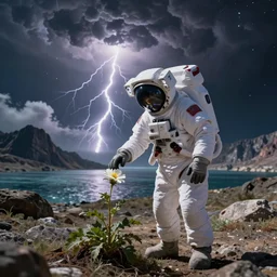 astronaut finding a flower on an alien planet with mountains, water, strange clouds, hyper realistic, dramatic lightning, ray tracing, high resolution photo, 8 k
