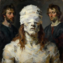painting of a mummified blindfolded!!! jesus christ by goya!!! phil hale! and michelangelo!! ominous, ( ( messy ) ) visible brush strokes!!