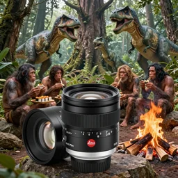 2 4 mm leica anamorphic lens, photo, hyper detailed, neanderthal people eating sushi, surrounded by dinosaurs!, gigantic forest trees, sitting on rocks, bonfire, close up camera on bonfire level