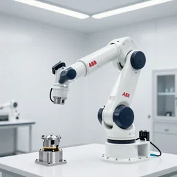 abb industrial robot arm in a white clean room with global illumination intricate details wires
