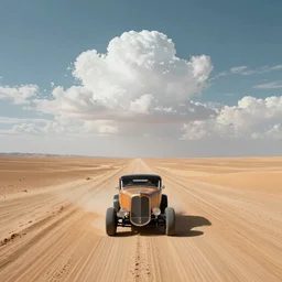 Digital art, hot rod car driving up dirt road leading to the sky and heaven from the desert