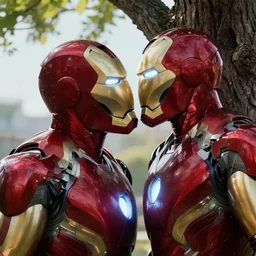 iron man licking a tree, photorealistic, cinematic, 8 k, lens flare, hd