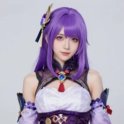 a woman with purple hair wearing a cosplay outfit, a character portrait by lu ji, pixiv contest winner, digital art, official art, detailed painting, ultra detailed