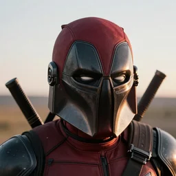 a mandalorian helmet in the style of deadpool, futuristic, late afternoon light, by greg rutkowski and ruan jia