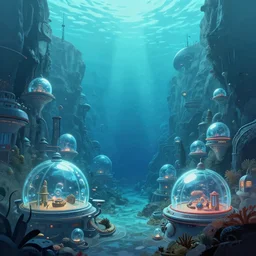 a beautiful illustration of a retro futuristic underwater city of glass domes on an ocean canyon world by Ralph McQuarrie| sparth:.2 | Time white:.4 | Rodney Mathews:.2 | Graphic Novel, Visual Novel, Colored Pencil, Comic Book:.2