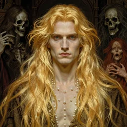 detailed portrait of a pale blond German man with pearls on his skin, with long blond hair, Henry Cavill and johan liebert, monstrous evil intent, bright gold long hair, long very very very pale blond hair, male by Alphonse Mucha, Amano, Karol Bak, Greg Hildebrandt, Jean Delville, and Mark Brooks, Art Nouveau, Neo-Gothic, gothic, rich dark moody horror and death colors