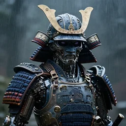 close - up frontal shot of a samurai made of architectural elements, rainy background, futuristic and dark atmosphere, technology and post human mood, hyper detailed, ultra realistic universe, 8 k, post production, photo real ultra high detail, cinematic lighting, apocalyptic world